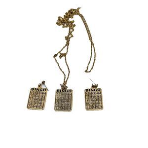 Vintage Bingo Card Necklace and Earrings Set Gold Tone 3 Piece Set